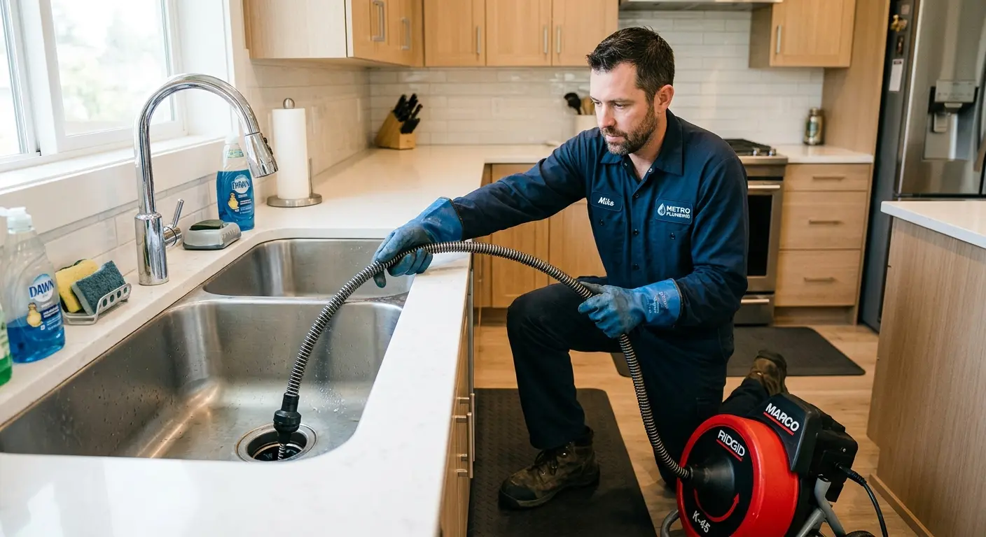 Drain cleaning technician using a motorized snake on a kitchen sink in Connerton