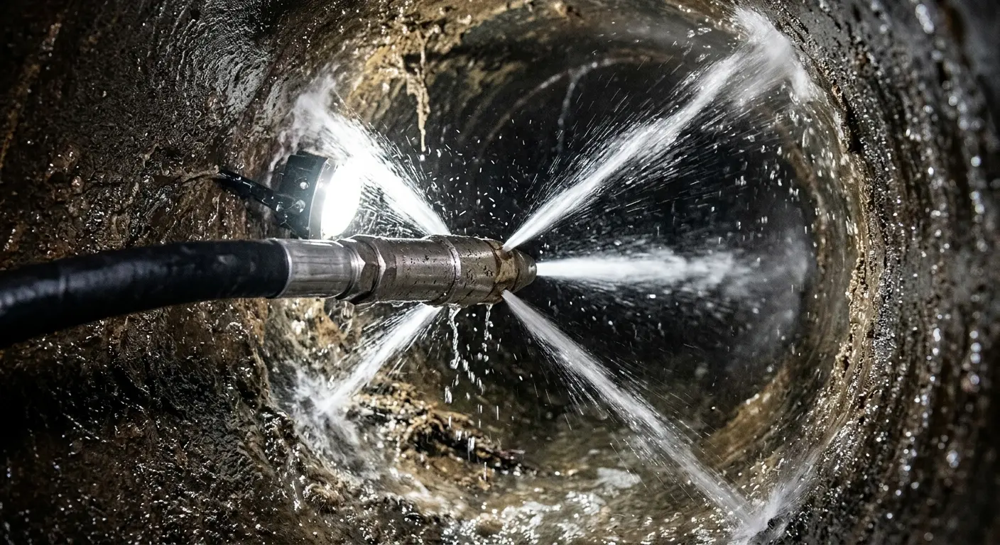 High-pressure hydro jetting nozzle cleaning sewer pipe for Trenchless Sewer Repair in Connerton