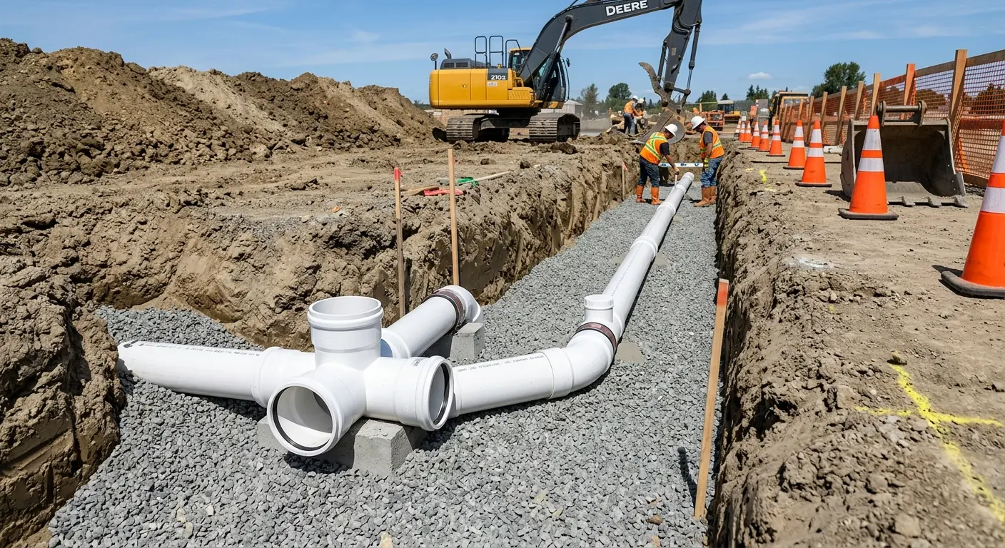New PVC sewer pipe installation in open trench for Sewer Backup in Connerton