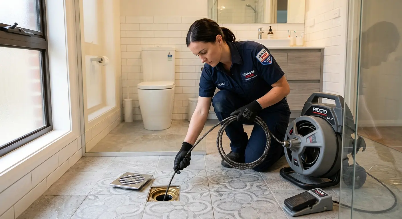 Technician clearing a bathroom floor drain for Drain Cleaning in Connerton